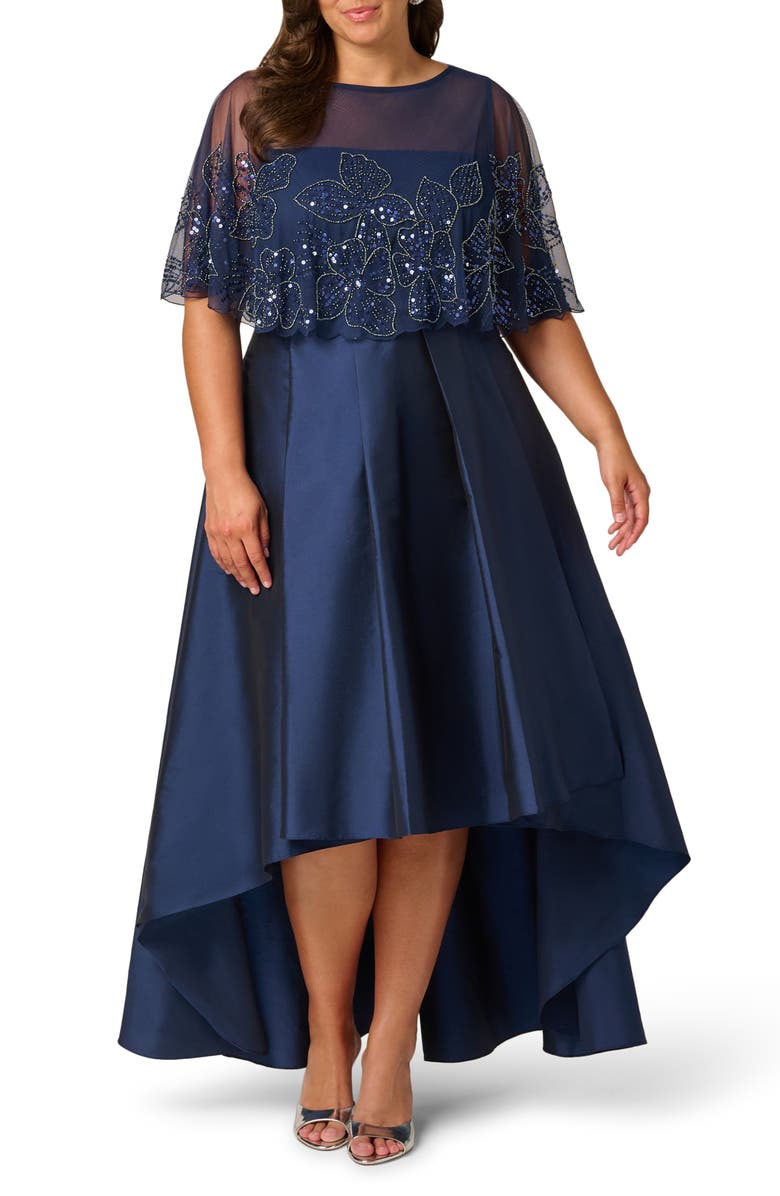 Adrianna Papell Floral Bead Cape High-Low Taffeta Gown, Main, color, Light Navy