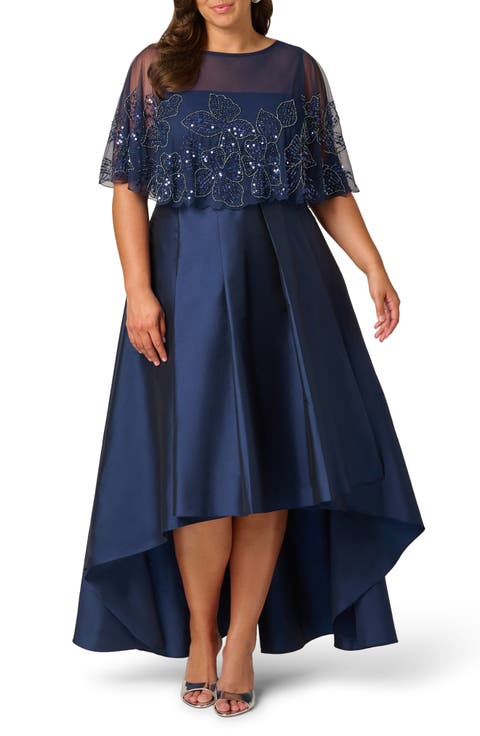 Floral Bead Cape High-Low Taffeta Gown (Plus)