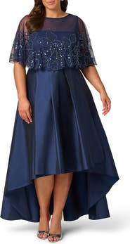 Adrianna Papell Floral Bead Cape High-Low Taffeta Gown