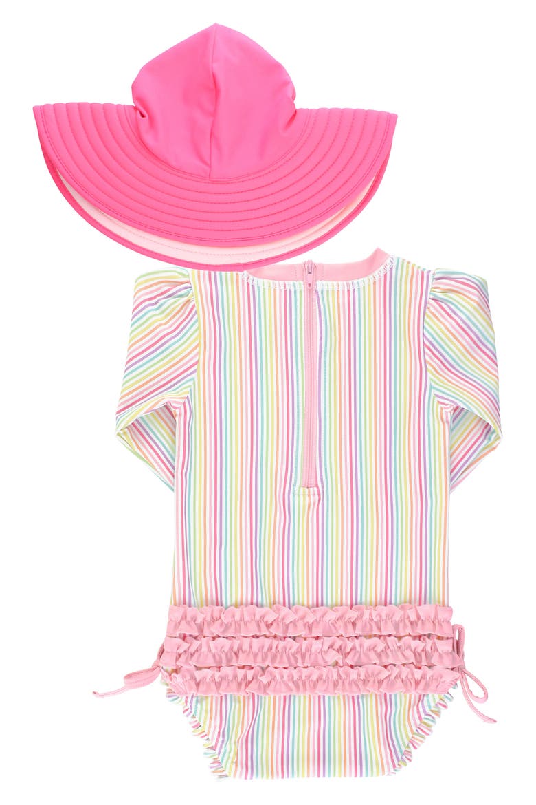 Rainbow Stripe One-Piece Rashguard Swimsuit & Floppy Sun Hat Set, Alternate, color, PINK