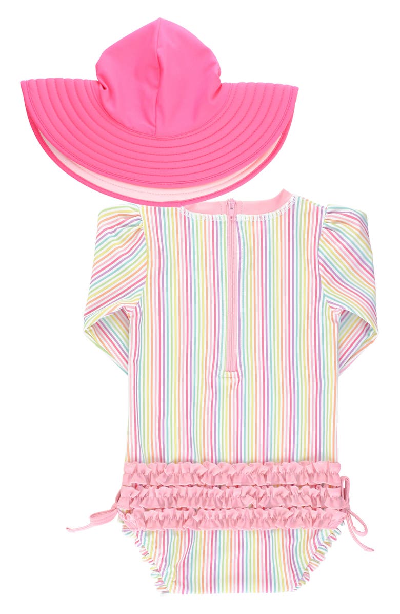 RuffleButts Rainbow Stripe One-Piece Rashguard Swimsuit & Floppy Sun Hat Set, Alternate, color,