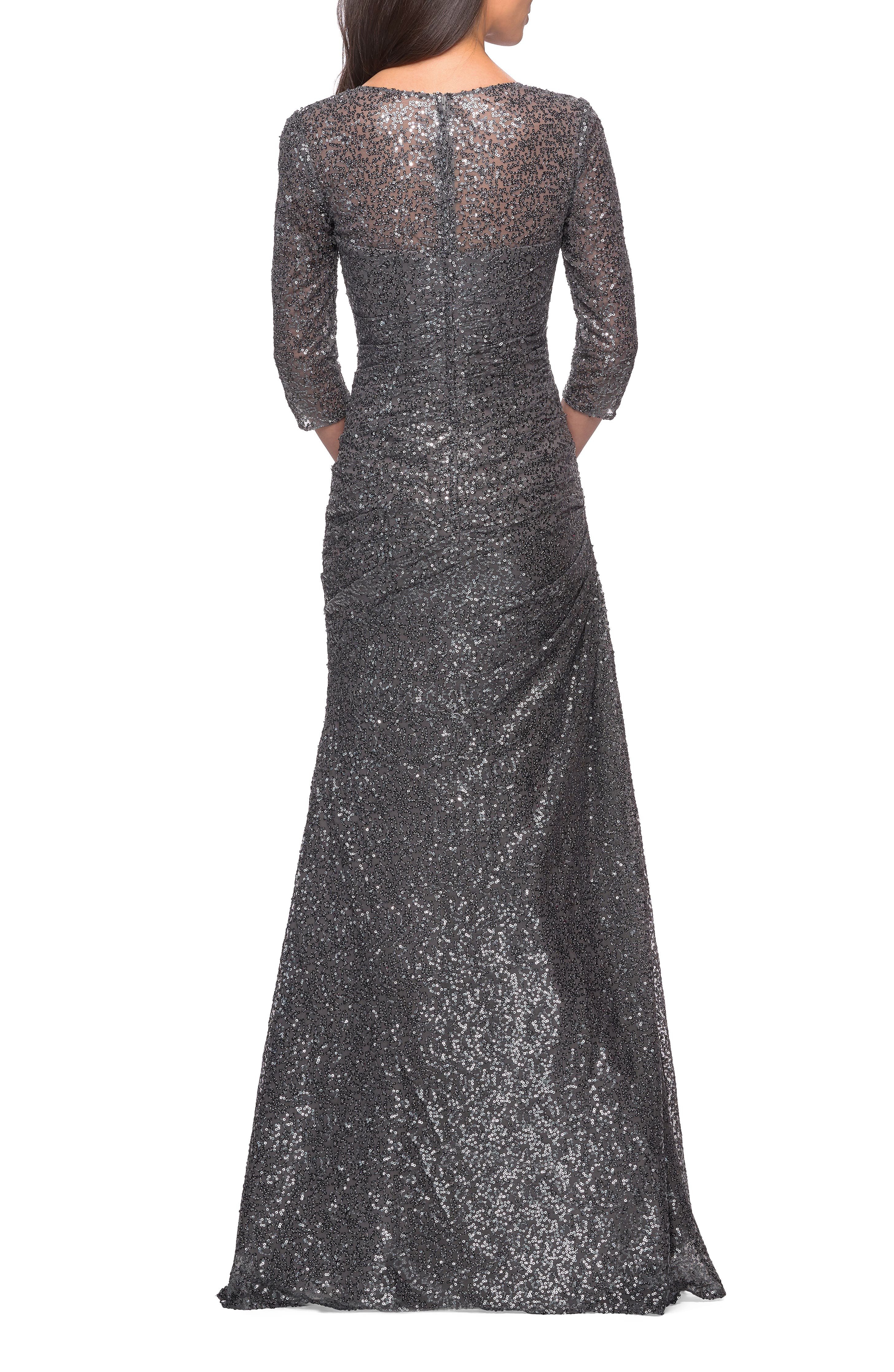 La Femme Floor Length Sequin Gown with Ruching and Sleeves (Women ...