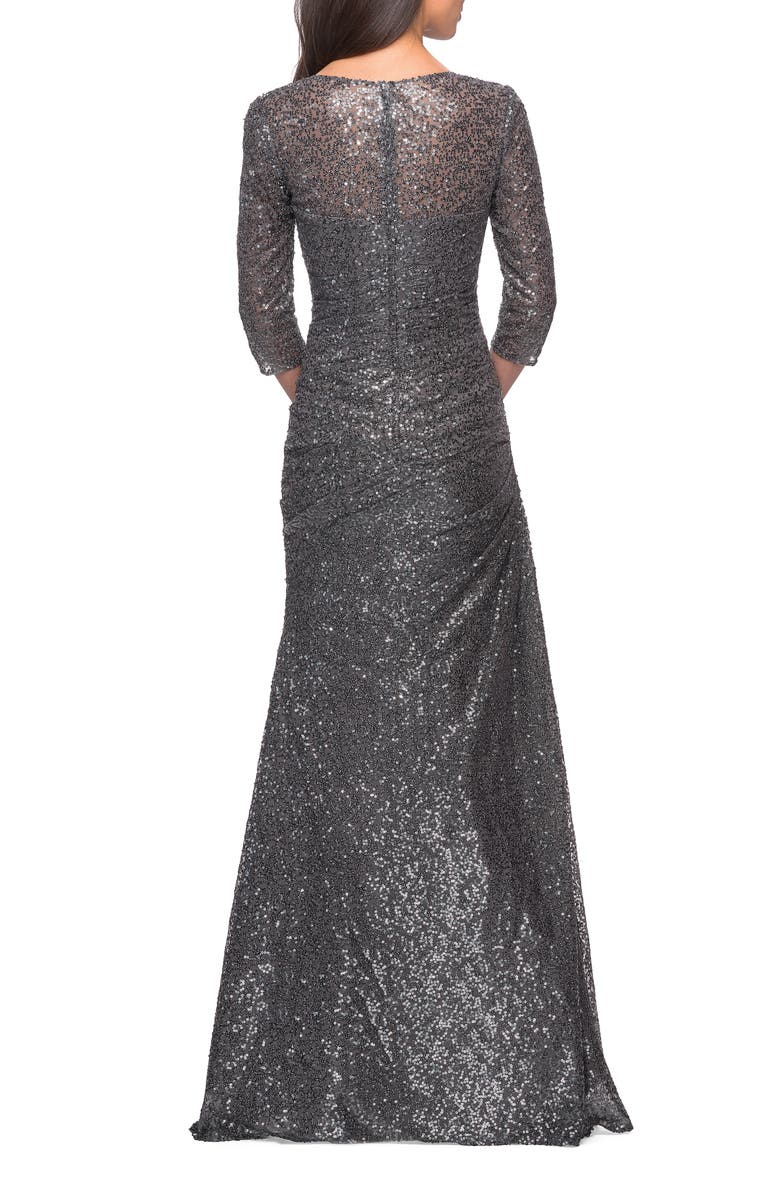 La Femme Floor Length Sequin Gown with Ruching and Sleeves, Alternate, color, Gunmetal