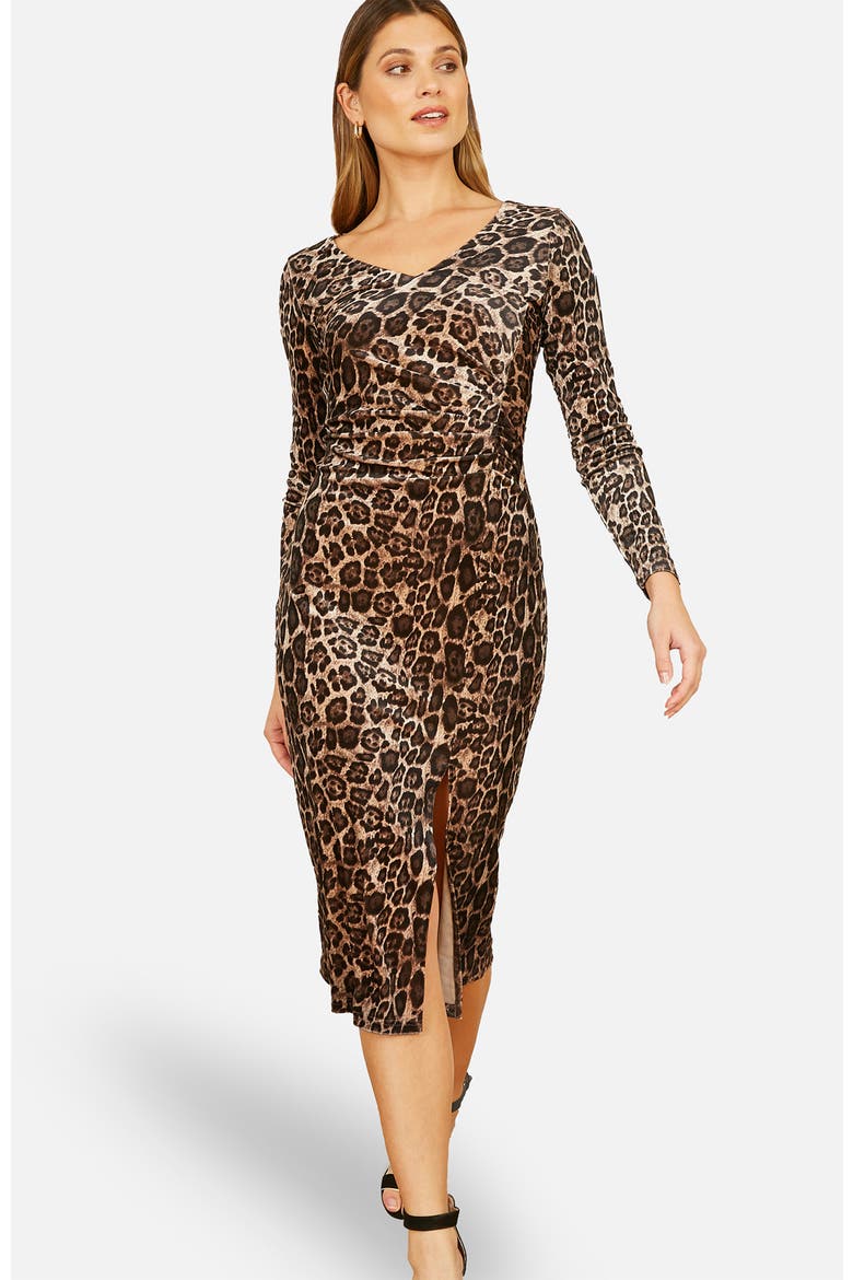 Velvet Long Sleeve Fitted Midi Dress, Main, color, Brown
