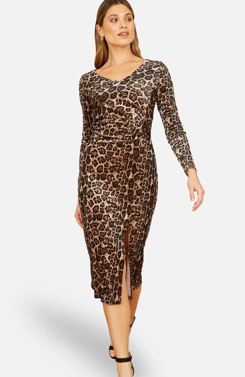 Velvet Long Sleeve Fitted Midi Dress