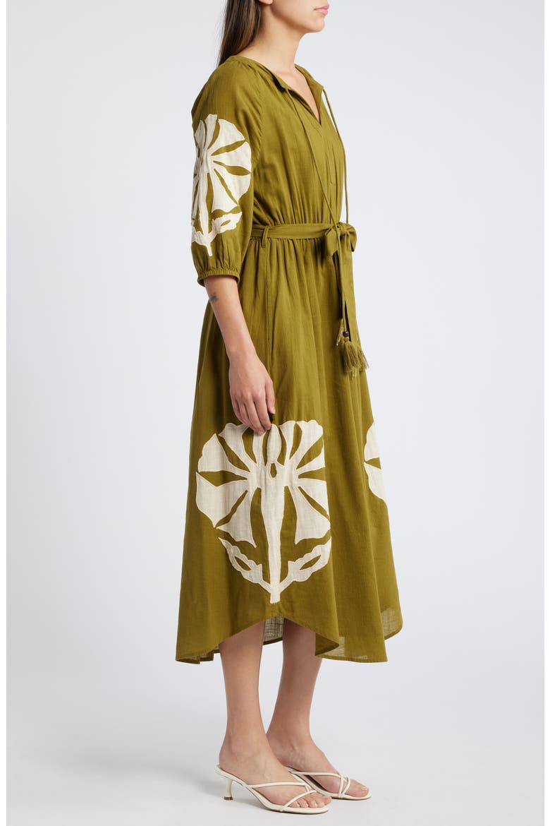 Tiana Embroidered Cotton Midi Dress, Alternate, color, GREEN/ TAN