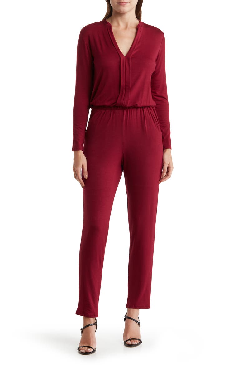 Split Neck Long Sleeve Jumpsuit, Main, color, BURGUNDY
