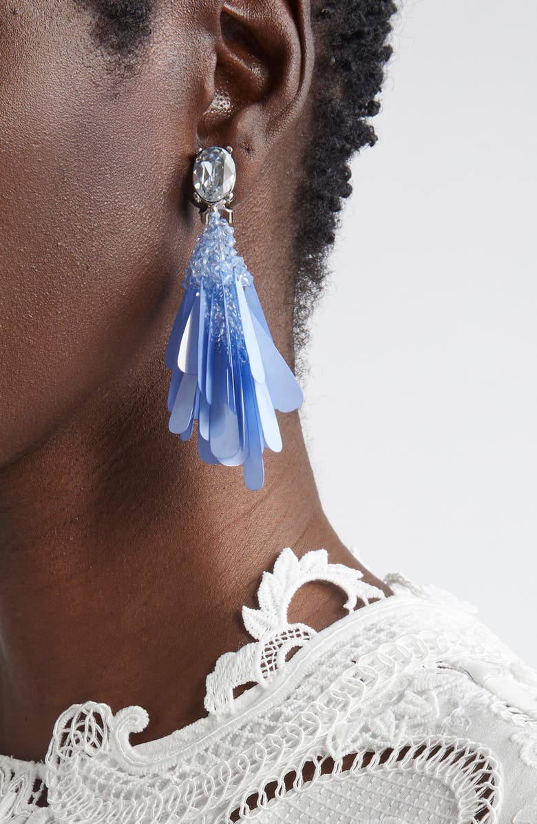 Oscar de la Renta Bead & Sequin Flower Cascade Clip-On Drop Earrings, Alternate, color, Aquamarine