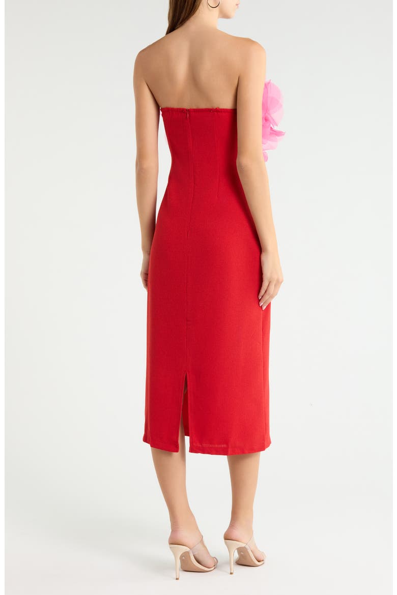 Kailany Floral Organza Trim Strapless Midi Dress, Alternate, color, RED PINK