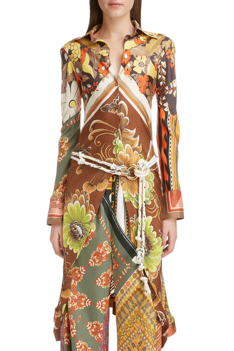 Caravan Print Silk Tunic Shirt, Main, color, MULTICOLOR ORANGE