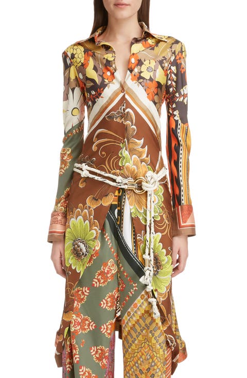 Caravan Print Silk Tunic Shirt