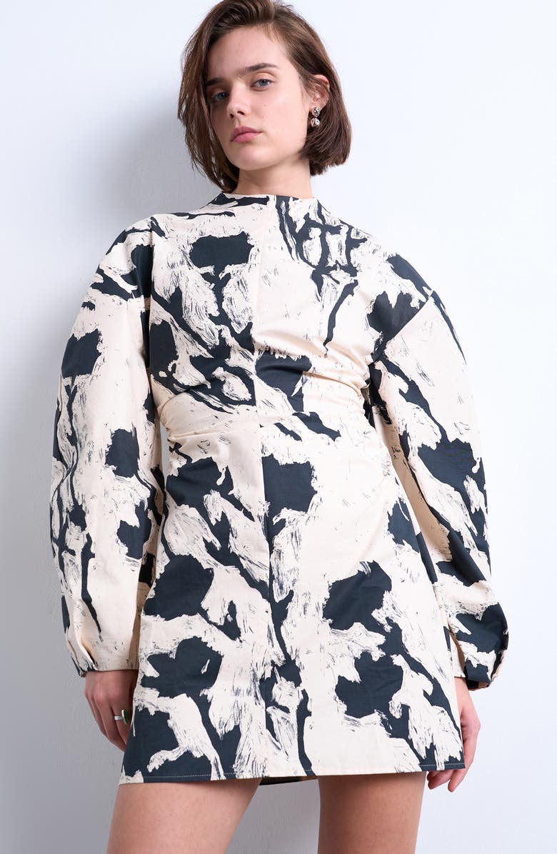 Topshop Balloon Sleeve Cinch Waist Minidress, Alternate, color, Ivory Multi