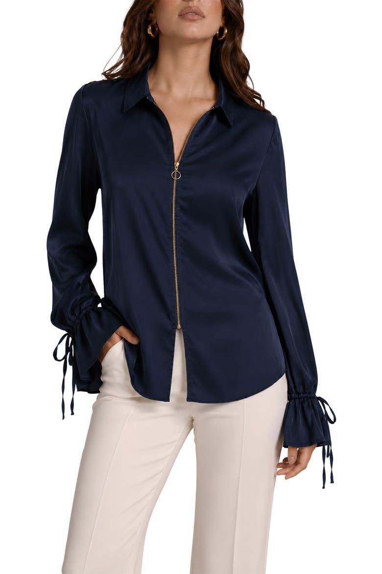 Italia Front-zip Silk Collared Blouse, Main, color, BLACK IRIS NAVY