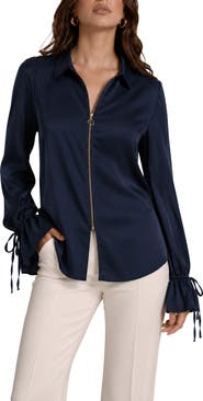 BY DESIGN Italia Front-zip Silk Collared Blouse