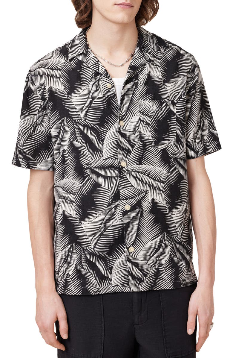 AllSaints Marseille Short Sleeve Linen & Cotton Button-Up Camp Shirt, Main, color, Pebblestone Grey