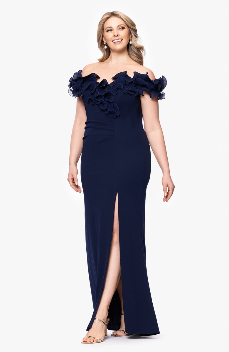 Xscape Evenings Ruffle Scuba Knit Sheath Gown, Alternate, color, Navy