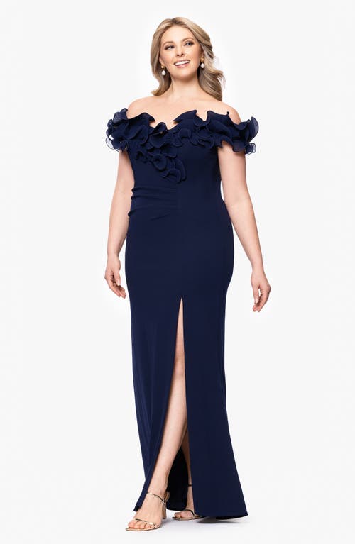 Xscape Evenings Ruffle Scuba Knit Sheath Gown In Blue