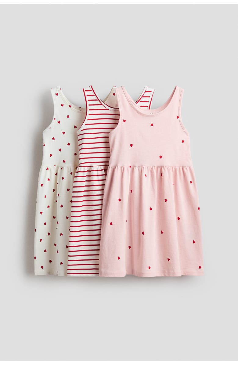 H&M 3-pack Printed Cotton Dresses, Main, color, Light Pink/Hearts