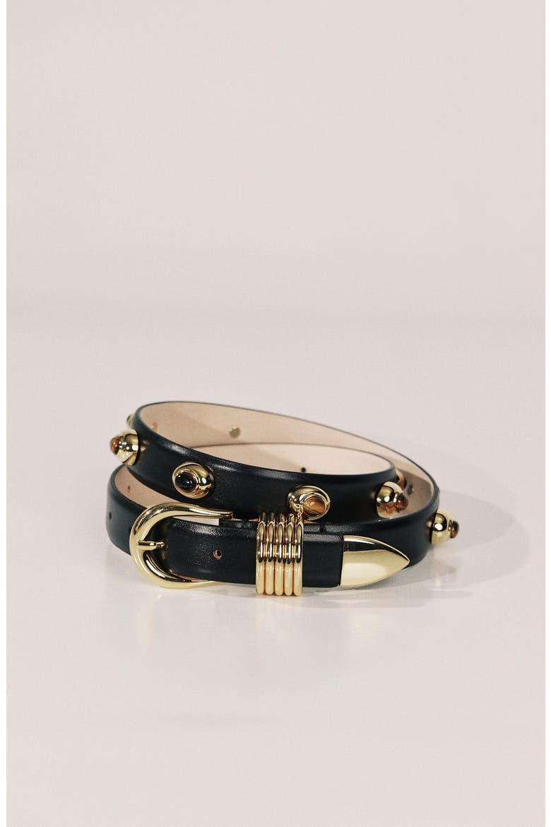 Hollyhock Stud Leather Belt, Alternate, color, BLACK/ TIGERS EYE & GOLD