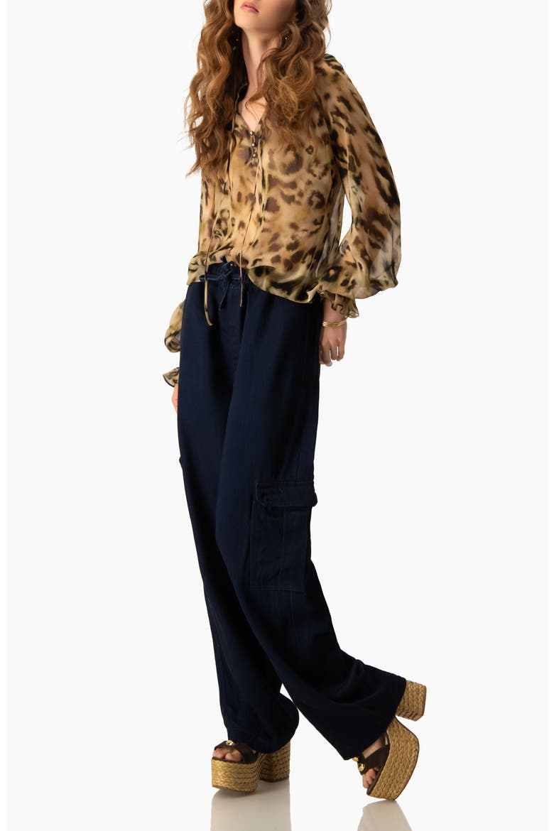 Sheer Chiffon Tie-Neck Blouse in Abstract Animal Print, Alternate, color, Olive Green