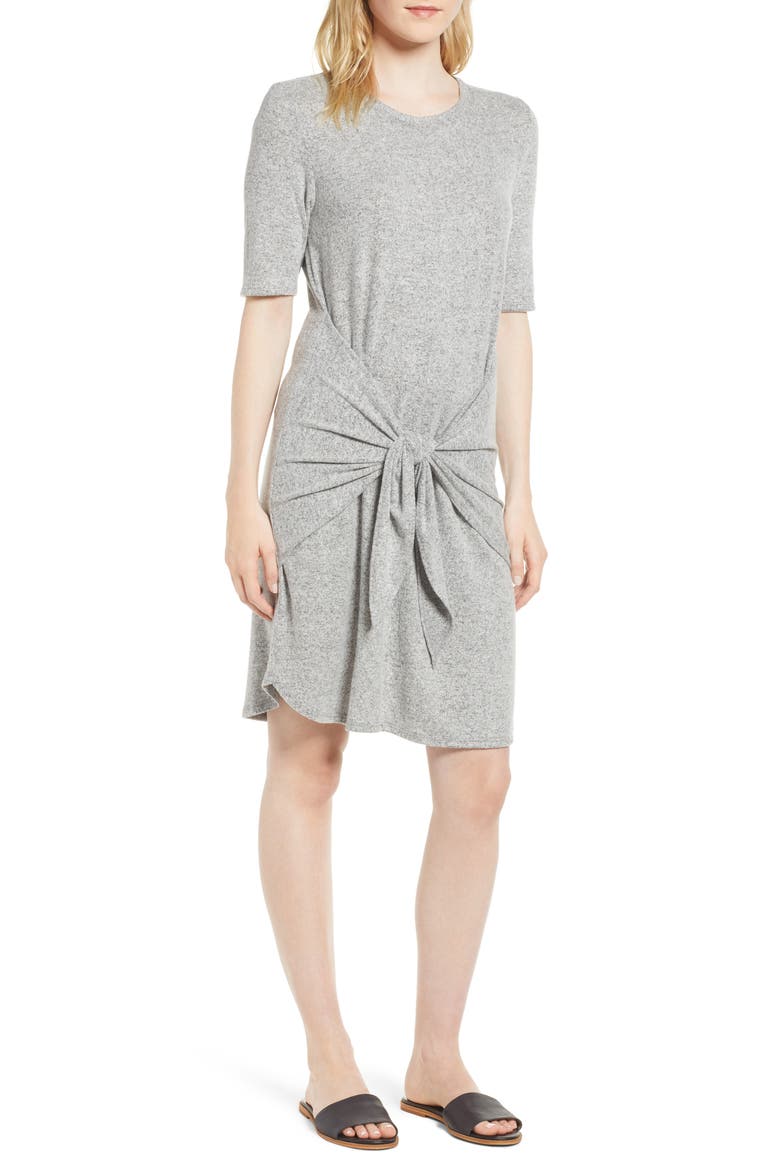 Caslon Off-Duty Tie Front Knit Dress, Main, color, GREY HEATHER