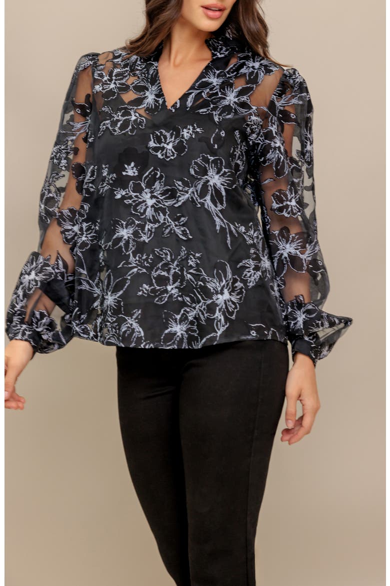 Print Organza Button-Up Shirt, Alternate, color, BLACK