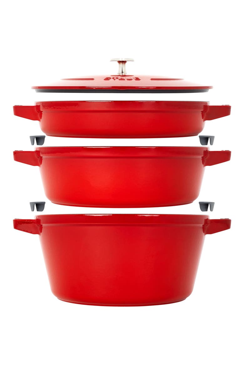 4-Piece Stackable Enameled Cast Iron Cookware Set, Main, color, CHERRY