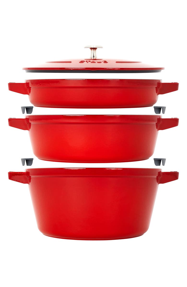 Staub 4-Piece Stackable Enameled Cast Iron Cookware Set, Main, color, Cherry
