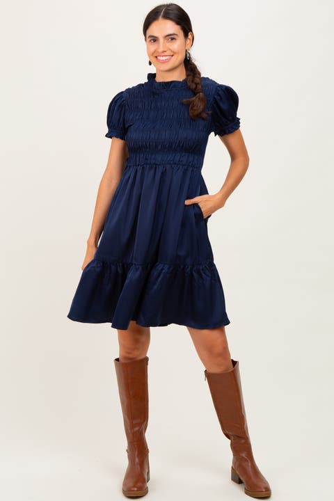 Satin Smocked Mock Neck Dress