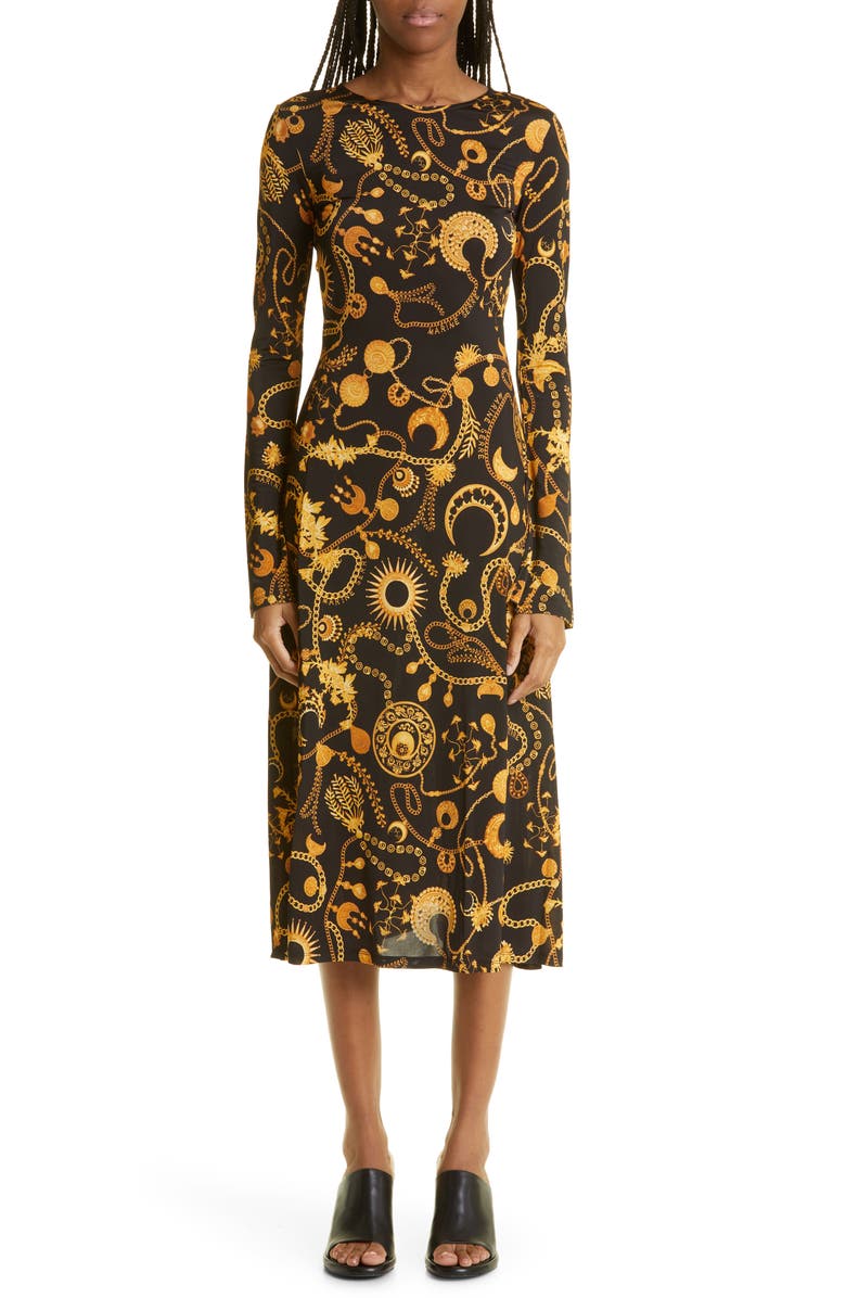 Marine Serre Fluid Drawstring Long Sleeve Midi Dress, Main, color, 