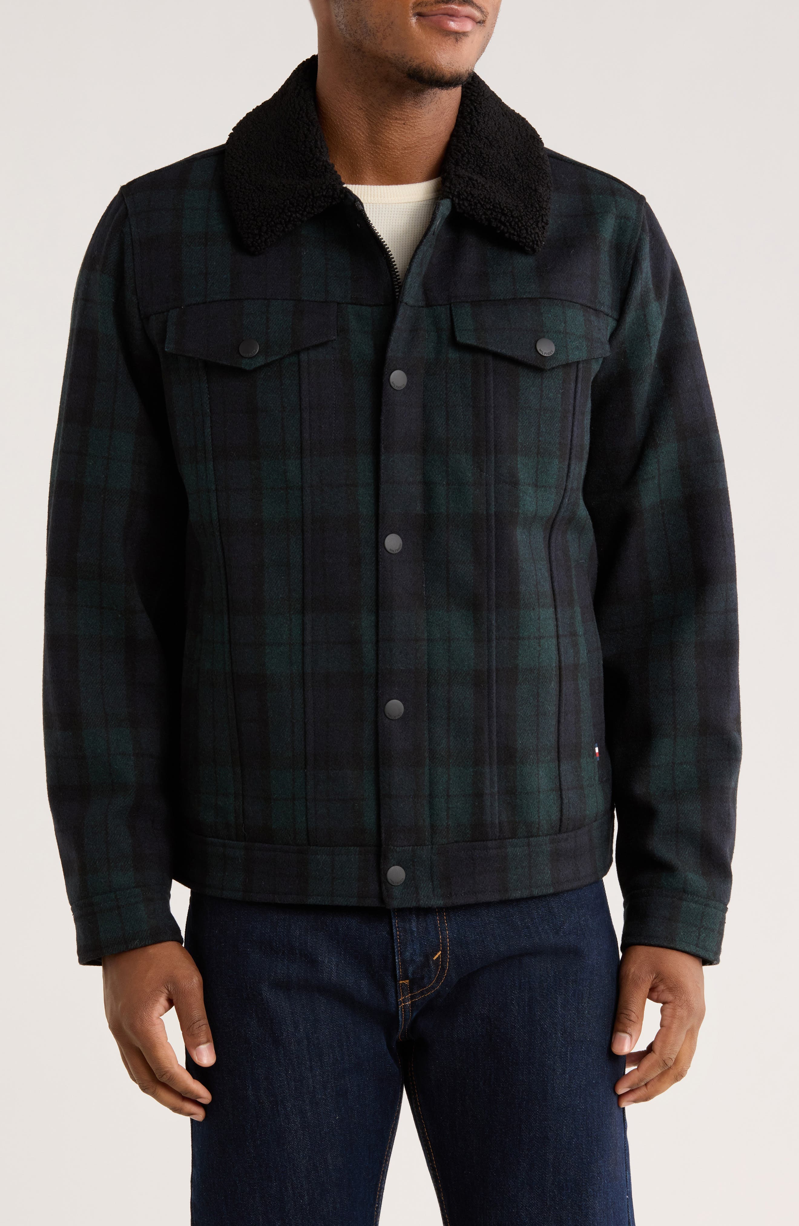 Tommy Hilfiger Plaid Faux Fur Collar Jacket