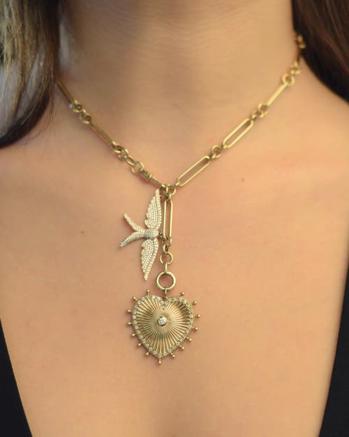 LIONHEART LIONHEART 14K GOLD CASSANDANE LARGE HEART & WINGS OF LOVE SWALLOW TROMBONE NECKLACE 