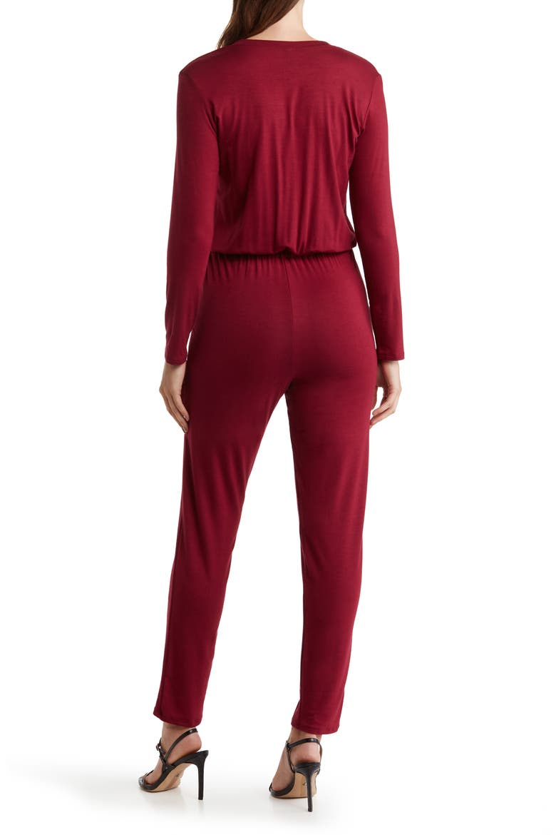 Split Neck Long Sleeve Jumpsuit, Alternate, color, BURGUNDY