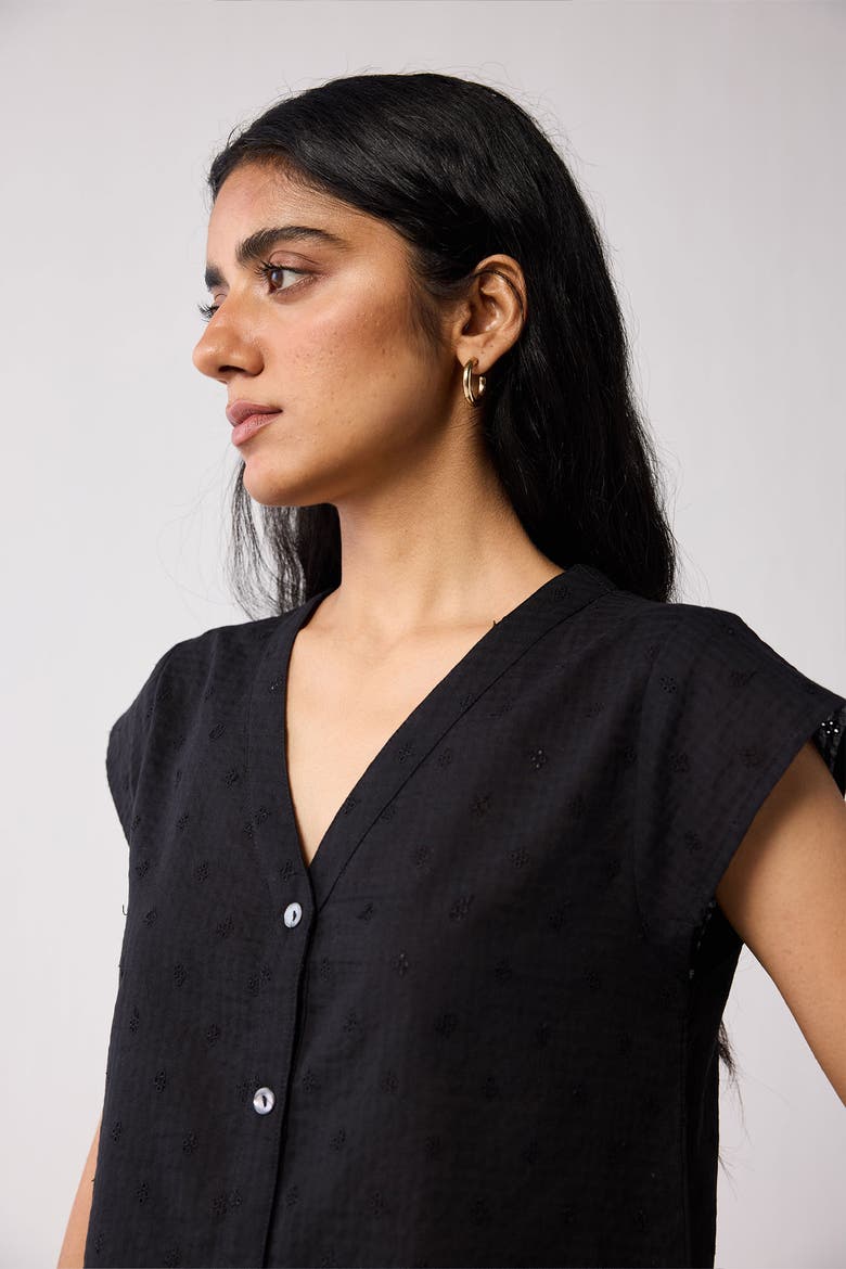 V-Neck Embroidered Top with Front Buttons, Alternate, color, Textured Eyelet in Black