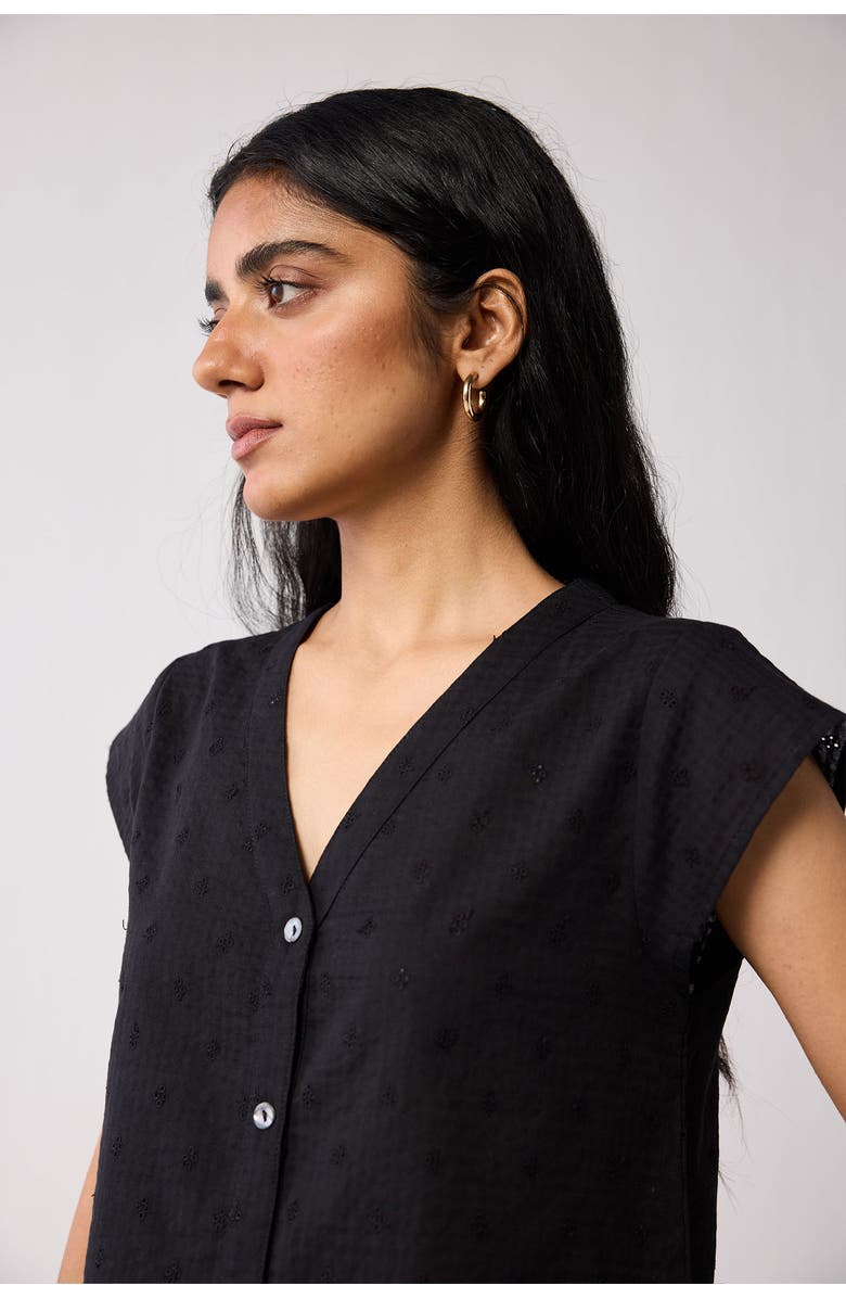 Reistor V-Neck Embroidered Top with Front Buttons, Alternate, color, Textured Eyelet In Black