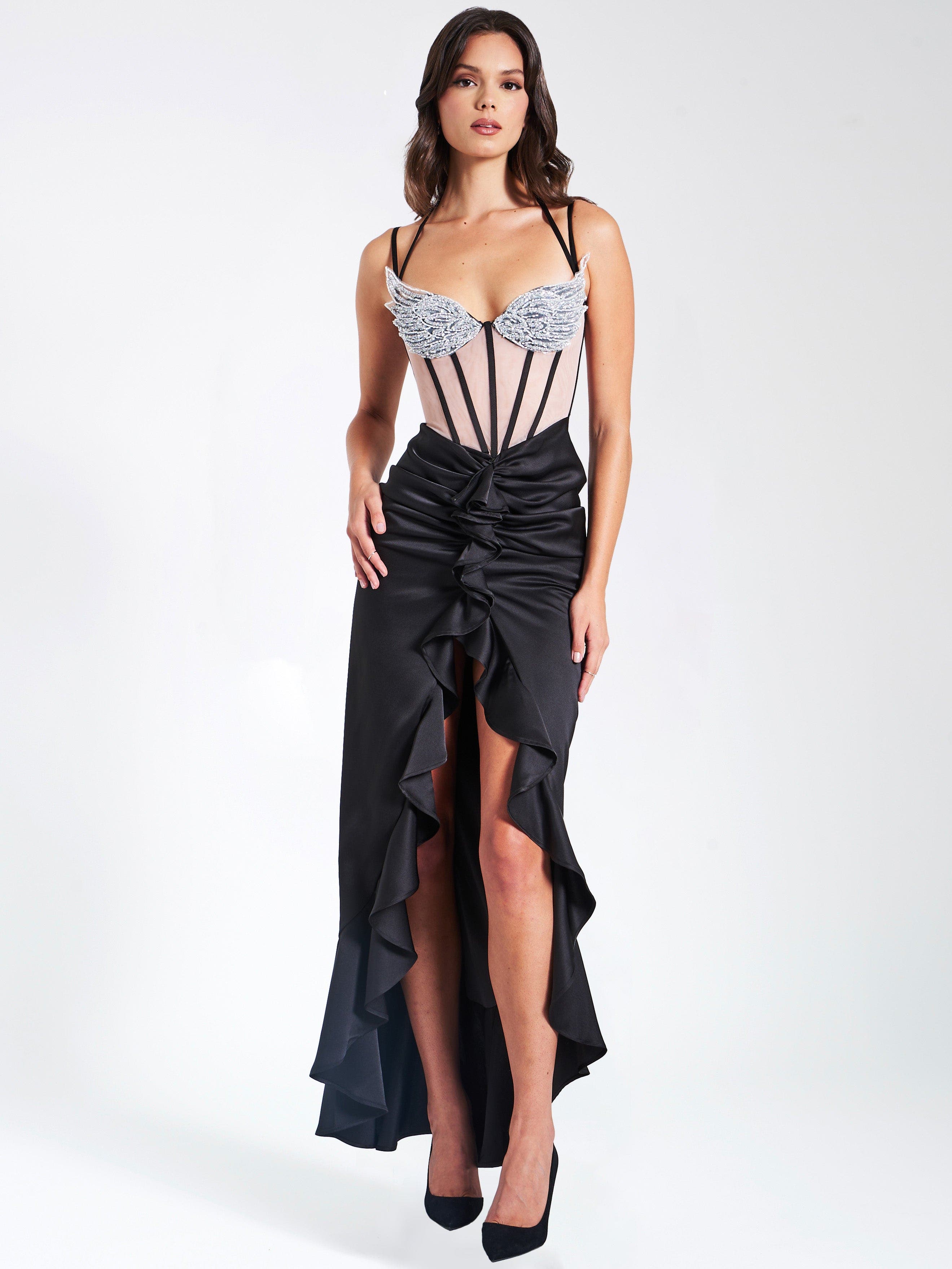 Rafaela Satin Corset Sequin Wing Cup Dress