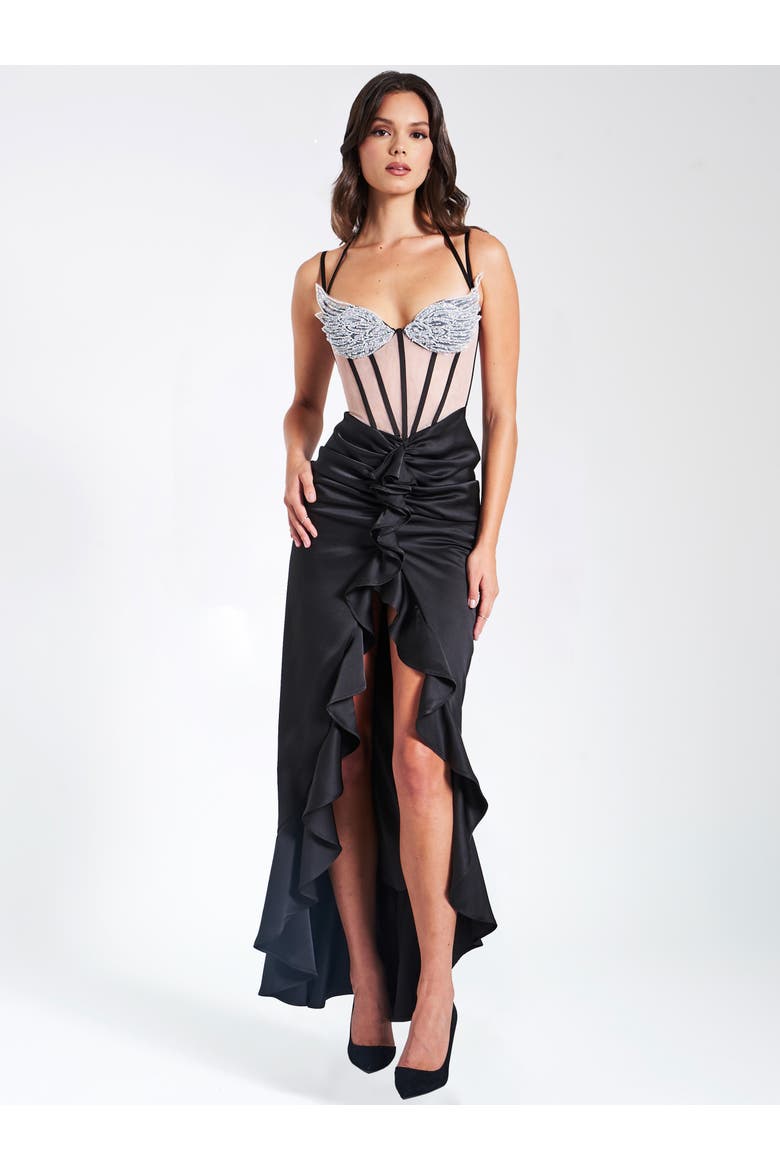 Rafaela Satin Corset Sequin Wing Cup Dress, Main, color, Black