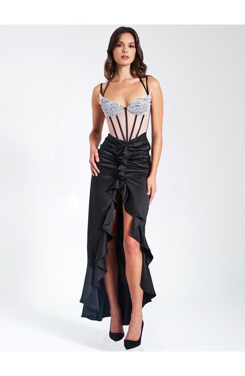 Miss Circle Rafaela Satin Corset Sequin Wing Cup Dress, Main, color, Black