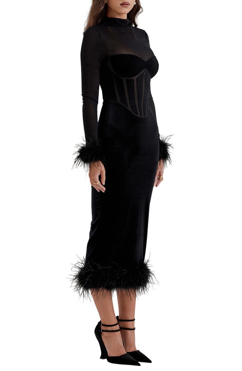HOUSE OF CB Lianna Feather Trim Long Sleeve Corset Midi Dress, Alternate, color, Black