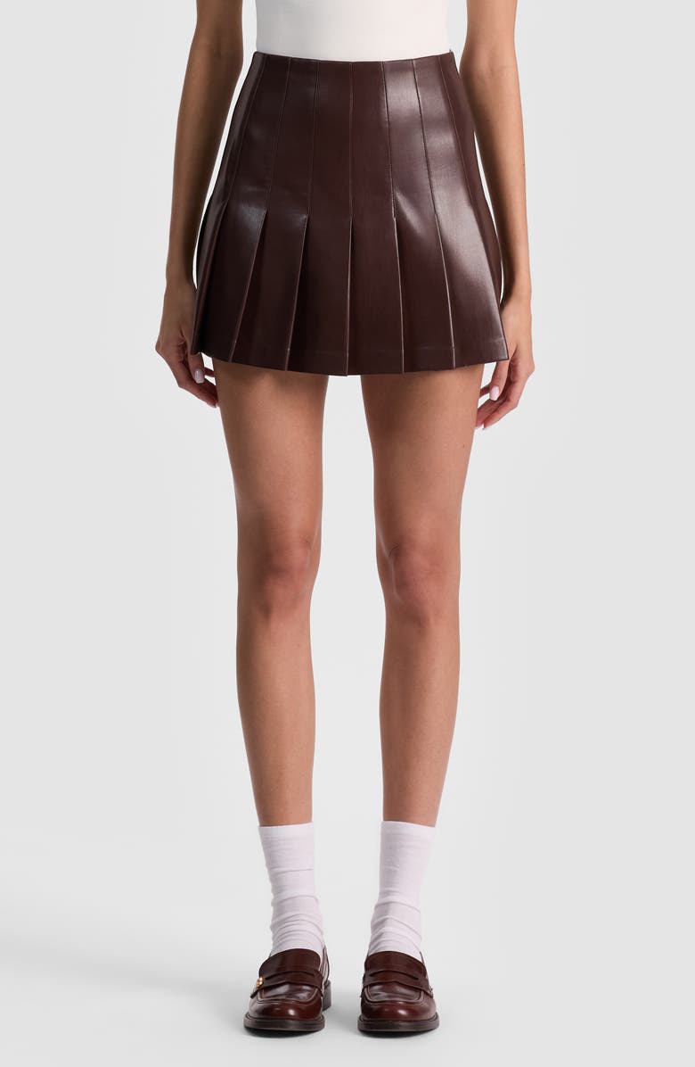 Alice + Olivia Carter Pleated Faux Leather Miniskirt, Main, color, Dark Chocolate