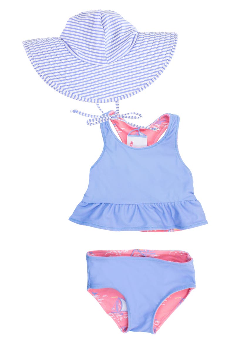 Pink Seas the Day Reversible Two-Piece Swimsuit with Sun Hat, Alternate, color, BLUE