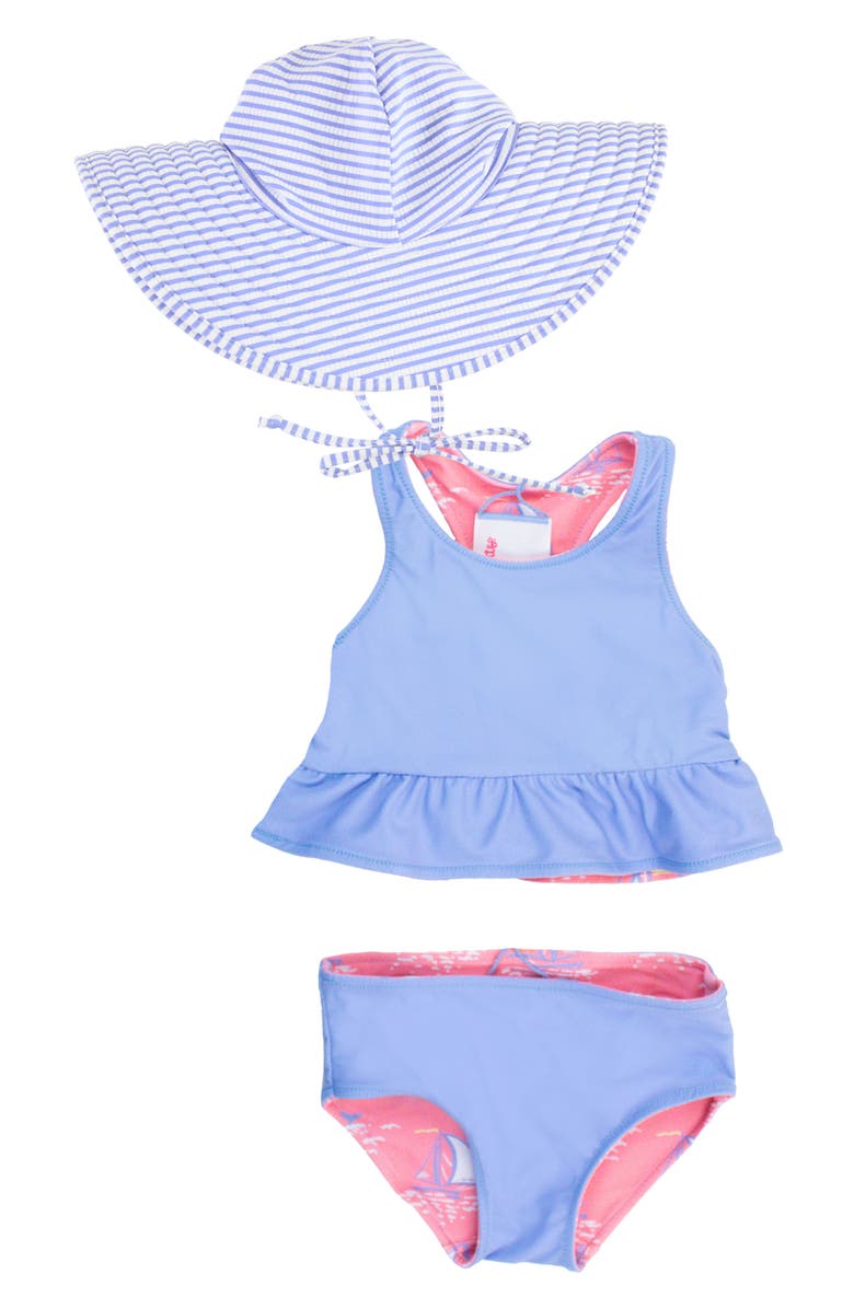 RuffleButts Pink Seas the Day Reversible Two-Piece Swimsuit with Sun Hat, Alternate, color, 