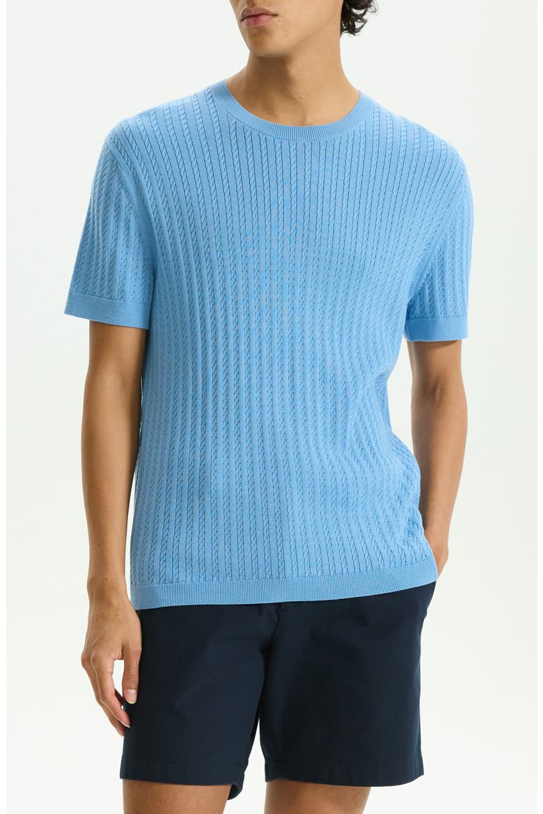 Cable Short Sleeve Cotton Blend Sweater, Main, color, POWDER BLUE