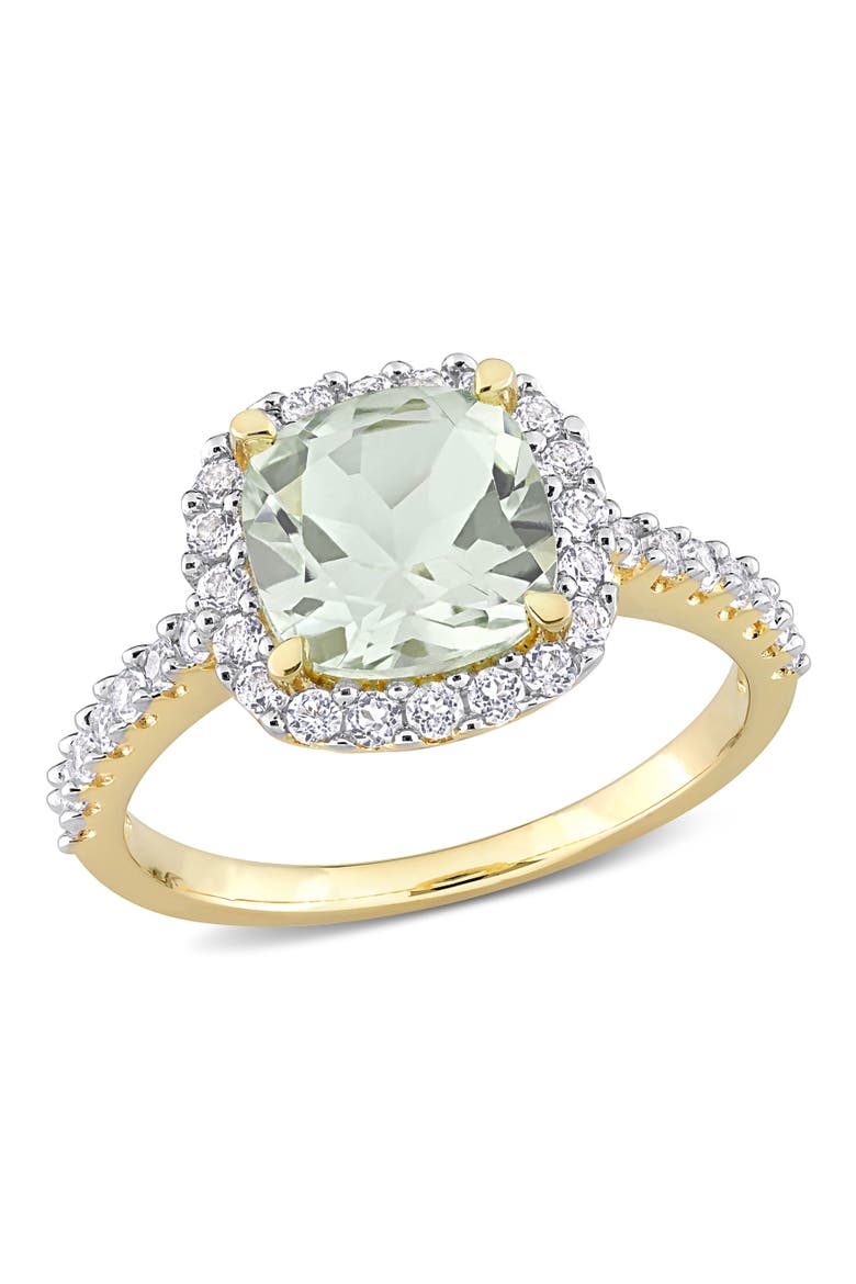 Gemstones Cushion Halo Ring, Main, color, Green Quartz/Yellow-Plated