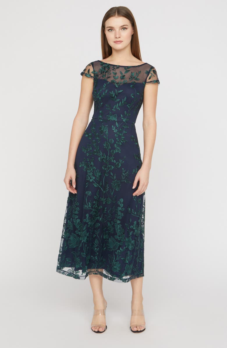 JS Collections Meredith Floral Embroidery A-Line Dress, Alternate, color, Navy/ Green