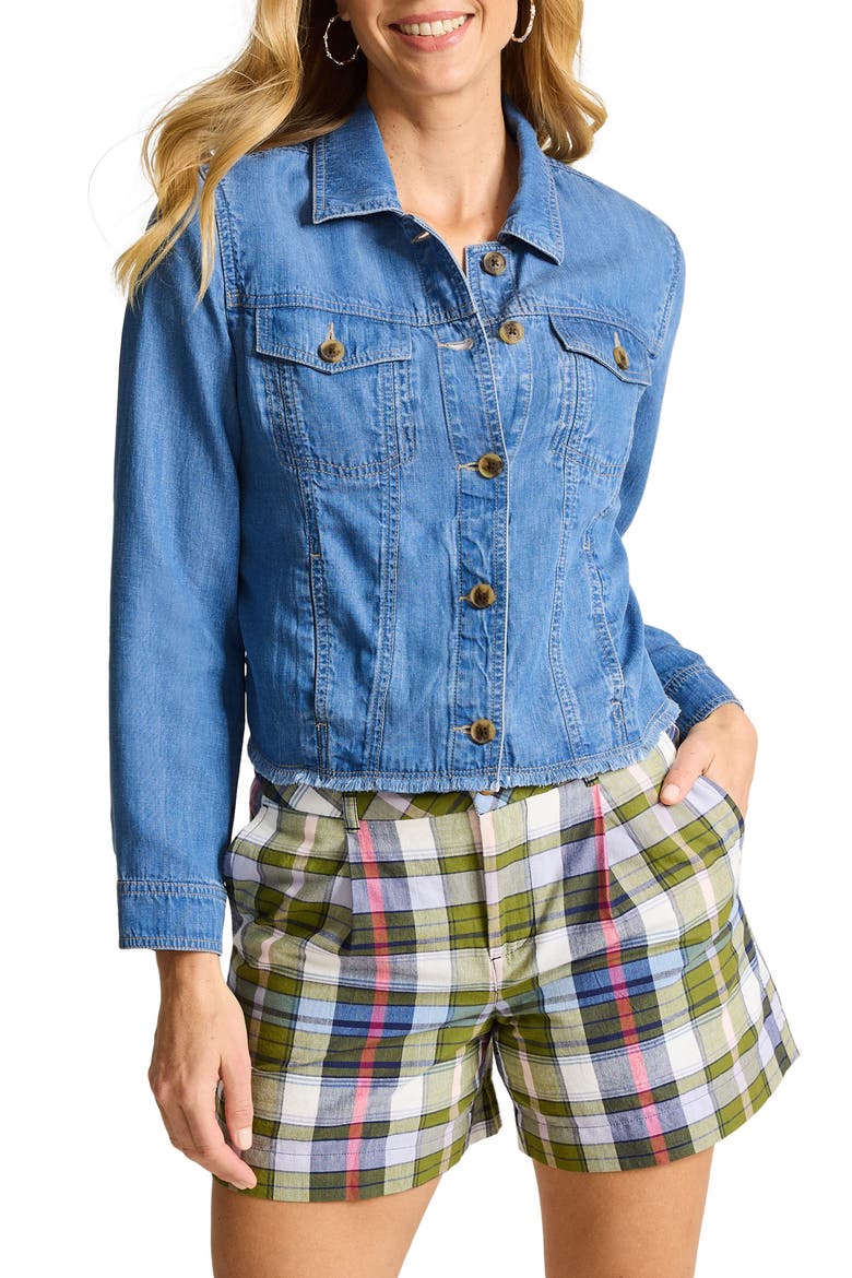 Fray Hem Chambray Crop Jacket, Main, color, MED INDIGO WASH