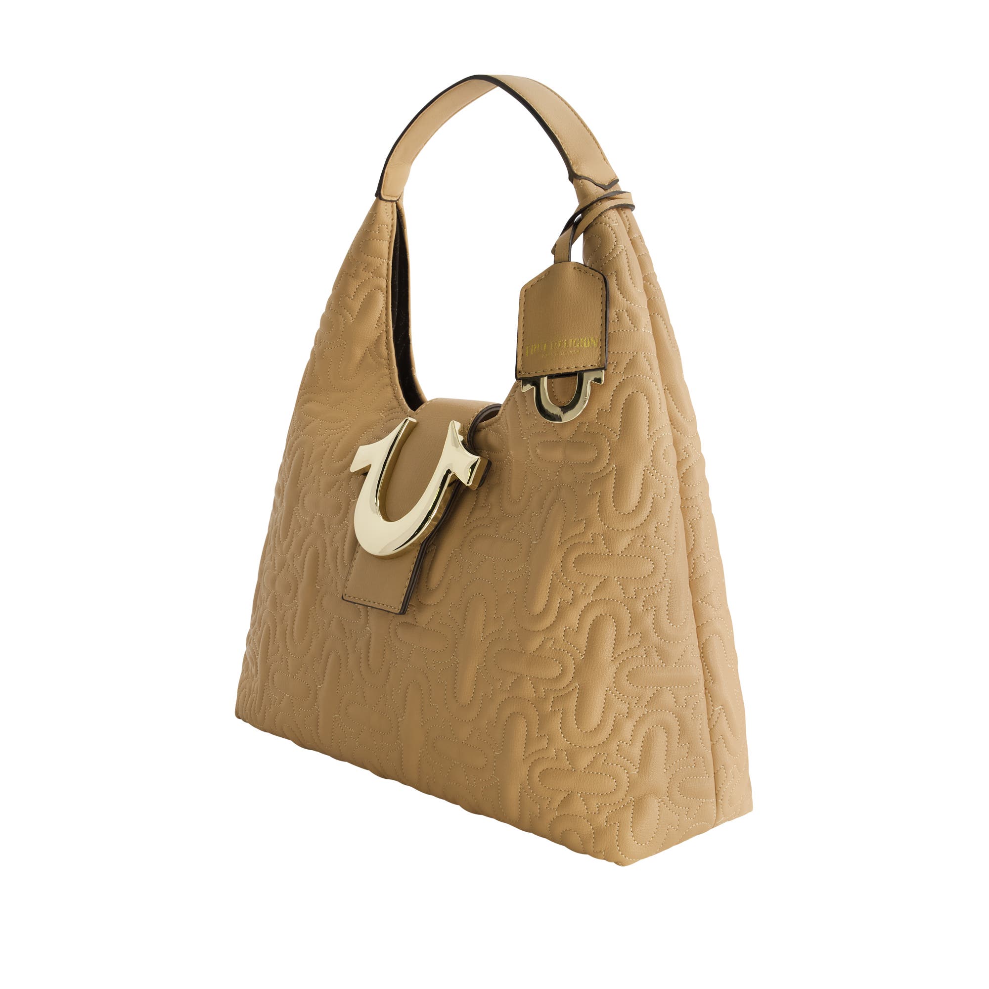 True Religion Quilted Horseshoe Medium Hobo, Alternate, color, Camel