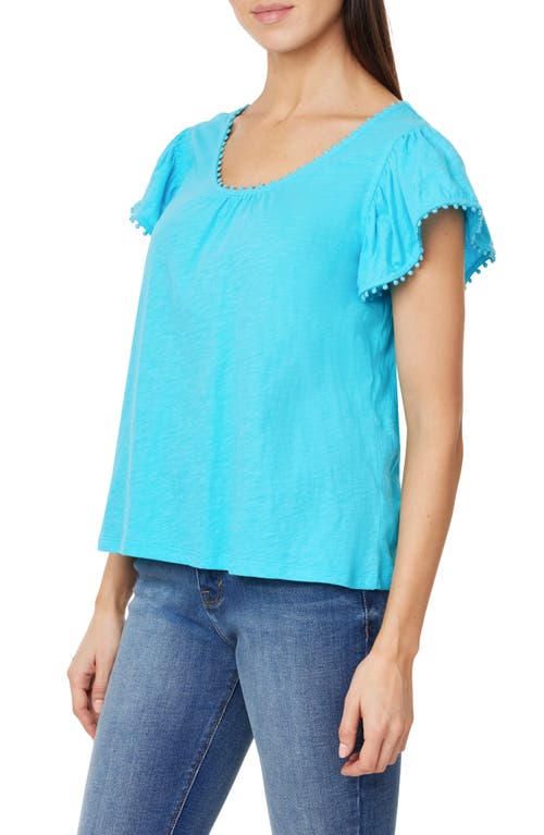 Curve Appeal Pompom Flutter Sleeve Cotton Top In Blue Atoll
