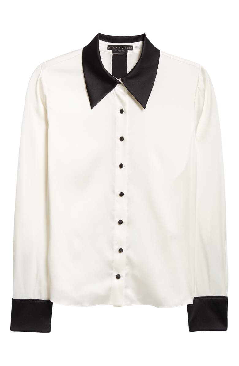 Alice + Olivia Willa Contrast Trim Stretch Silk Button-Up Shirt, Alternate, color, 