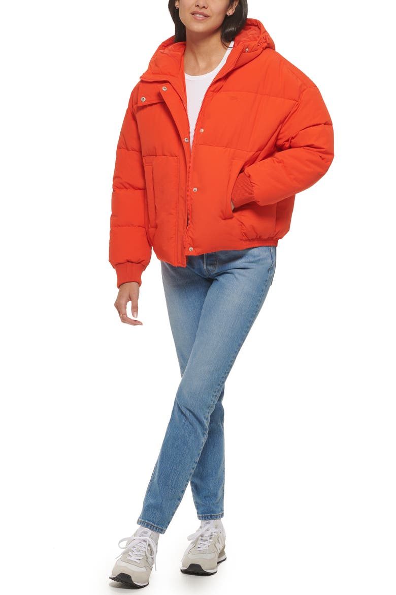 Cinch Waist Hooded Puffer Jacket, Alternate, color, ORANGE. COM